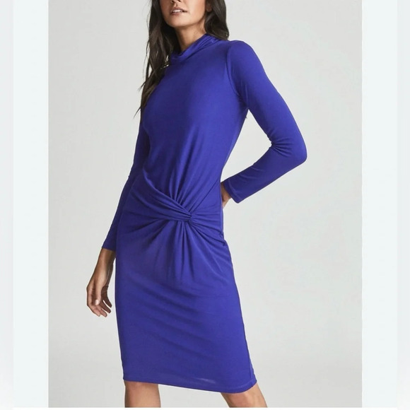 Reiss Freya Dress front twist long sleeves turtle neck in Royal blue - Picture 1 of 9
